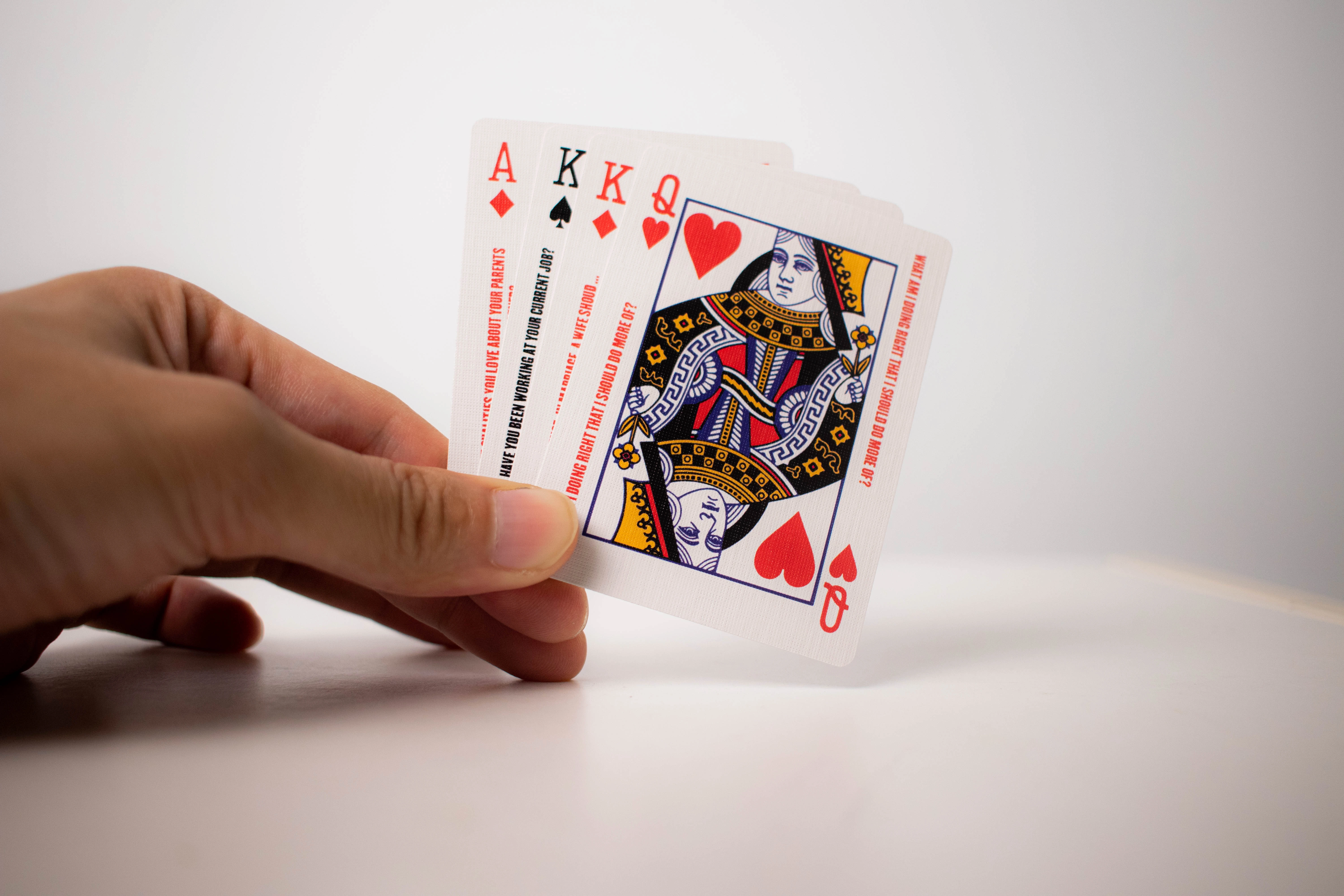 Close up of 52 Questions playing cards